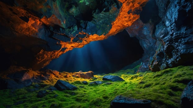 Stunning underground cave illuminated by rays of light, revealing lush green moss and rocky textures photo