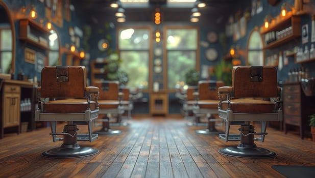 Vintage barber chairs in dimly lit barbershop interior design photo
