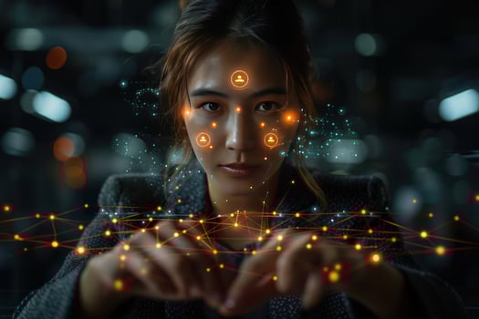 Woman interact with virtual reality technology and digital network connections photo
