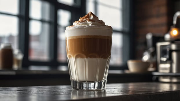 A coffee with whipped cream on top sits on a table photo