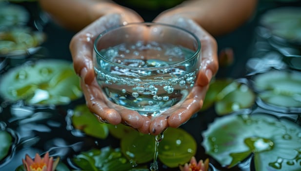Water glass held above a lily pond clean refreshment and natural beauty photo