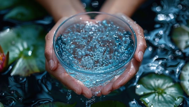 Water bowl serenity with hands holding natures refreshment photo