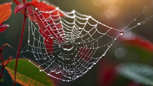 Delicate spider web adorned with dew drops, nestled among vibrant autumn leaves in a serene setting photo