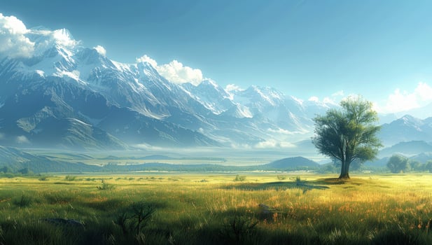 Majestic mountain vista with golden meadow and solitary tree under a clear blue sky photo