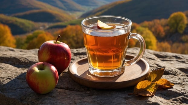 Refreshing apple cider served in a glass on a wooden plate with fresh apples and autumn scenery photo