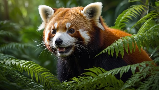 Red panda amidst lush green ferns in a vibrant forest, showcasing its playful demeanor and natural habitat photo