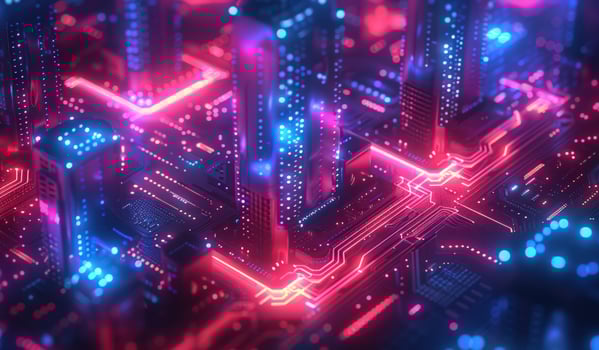 Abstract circuit board with neon lights and futuristic cityscape photo