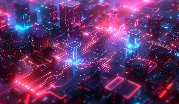Futuristic city as computer circuit board with neon lights technology and innovation photo