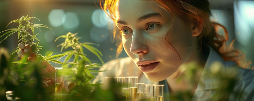 Female scientist examining cannabis plant in laboratory for medical research photo