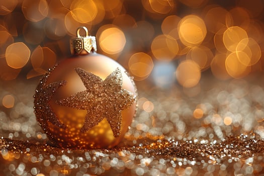 Golden christmas ornament with glitter star decoration and bokeh background photo