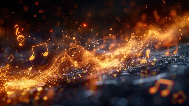 Abstract glowing music note design with particles and dark background photo