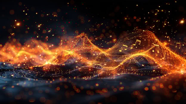 Dynamic music notes and glowing particles abstract background photo