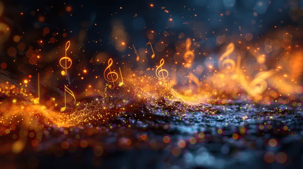 Abstract music notes background with golden light and sparkling particles photo