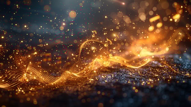 Abstract music background with golden light and floating notes photo