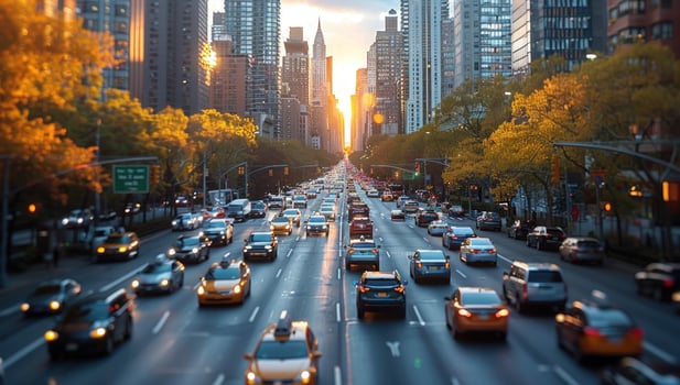City street traffic at sunset with road and buildings photo