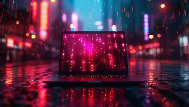 Laptop displaying digital interface in a futuristic cityscape neon lights and reflections photo