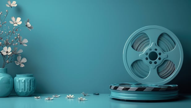Film reel with floral decoration cinematic media concept background photo