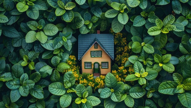 Miniature house nestled in lush green foliage a symbol of sustainable living and environmental harmony photo