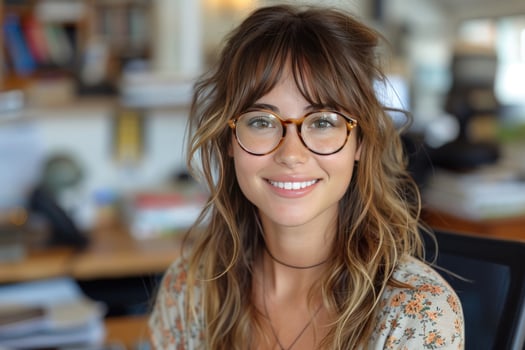 Smiling woman wearing glasses in indoor setting portrait photo