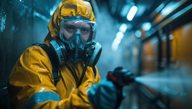 Person in protective suit spraying decontaminant in industrial setting photo