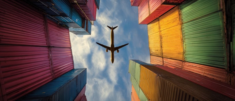 The airplane soaring above colorful shipping containers in an industrial setting. photo