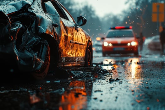 A car is damaged in the middle of the road photo