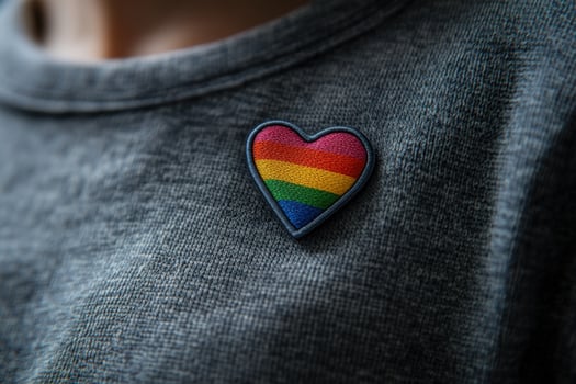 A person wearing a rainbow heart pin on their shirt photo