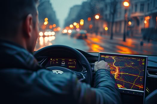 A man driving a car on a city street at night photo