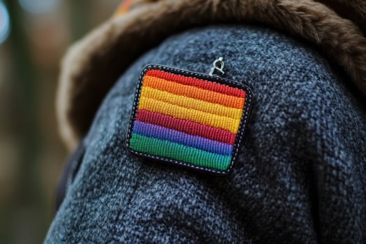 A person wearing a rainbow patch on their jacket photo