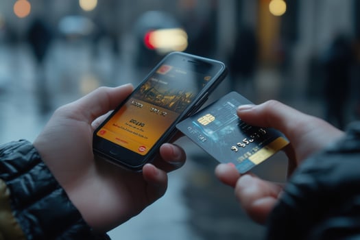 A person holding a smartphone and a credit card photo