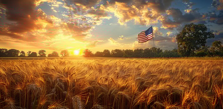 Wheat field under golden sunset sky with patriotic symbol photo