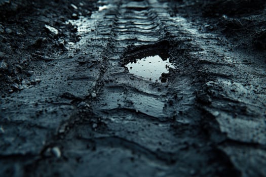 A muddy road with a puddle in the middle photo