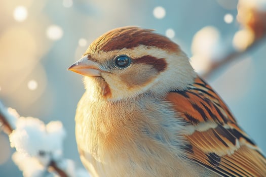 A bird is sitting on a branch with snow falling photo
