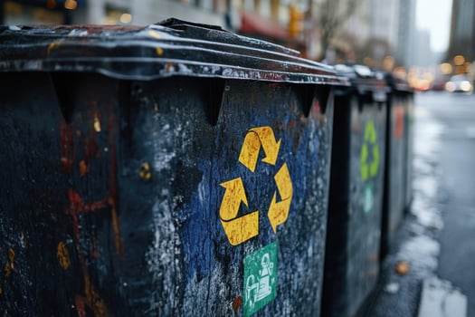 Three recycling bins are lined up on a city street photo