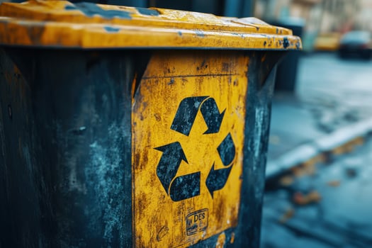 A yellow and black trash can with a recycling symbol on it photo