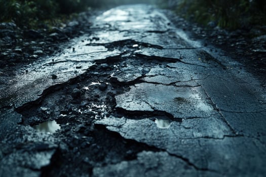 A road with potholes and water on it photo