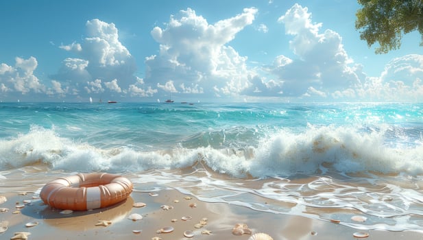 Tropical beach with ocean waves and life preserver under a cloudy sky photo