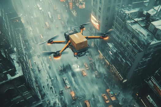A drone flying over a city street with traffic photo