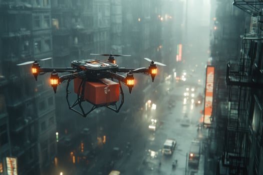 A drone flying over a city street with a box on it photo