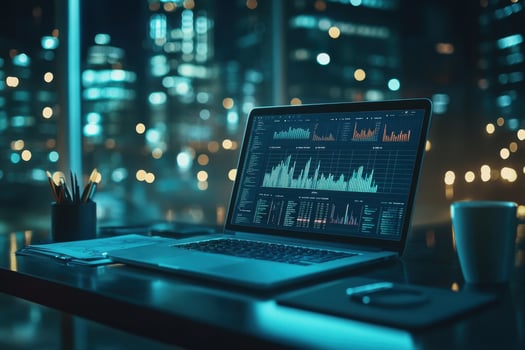 Laptop with data chart on desk in city at night photo