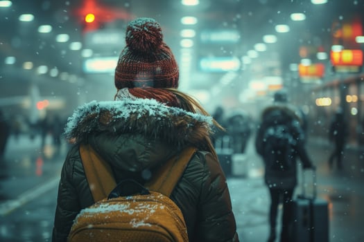 Winter journey back view of person walking in snowy urban scene photo