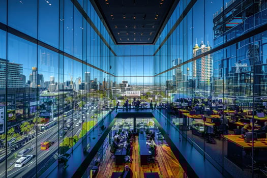 Cityscape view from inside modern office building architecture photo