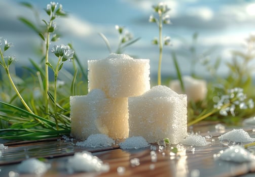 Stacked sugar cubes with wildflowers on wooden surface close up photo