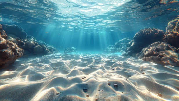 Underwater landscape with sand sea rocks and sun rays marine environment photo