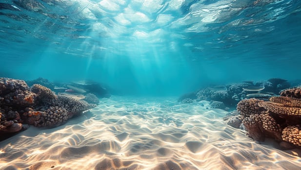 Underwater ocean scene with coral and sunlight photo
