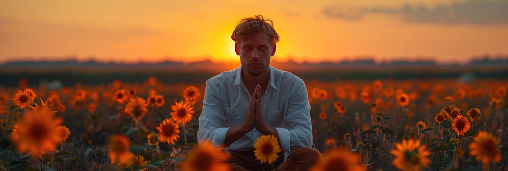 Meditative figure in sunflower field during sunset serenity and peaceful reflection photo