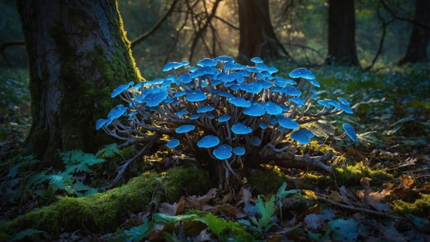 A cluster of vibrant blue mushrooms growing on a mossy forest floor, illuminated by sunlight filtering through trees photo