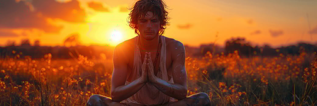 Person meditating in field at sunset yoga wellness and peaceful nature scene photo