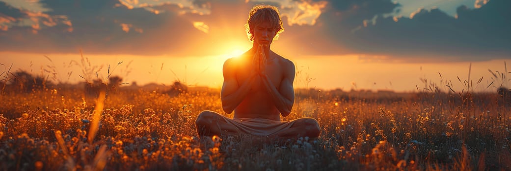 Person meditating in field at sunrise or sunset mindfulness and serenity photo