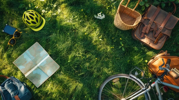 Outdoor adventure gear on green grass overhead bicycle backpack map and travel essentials photo